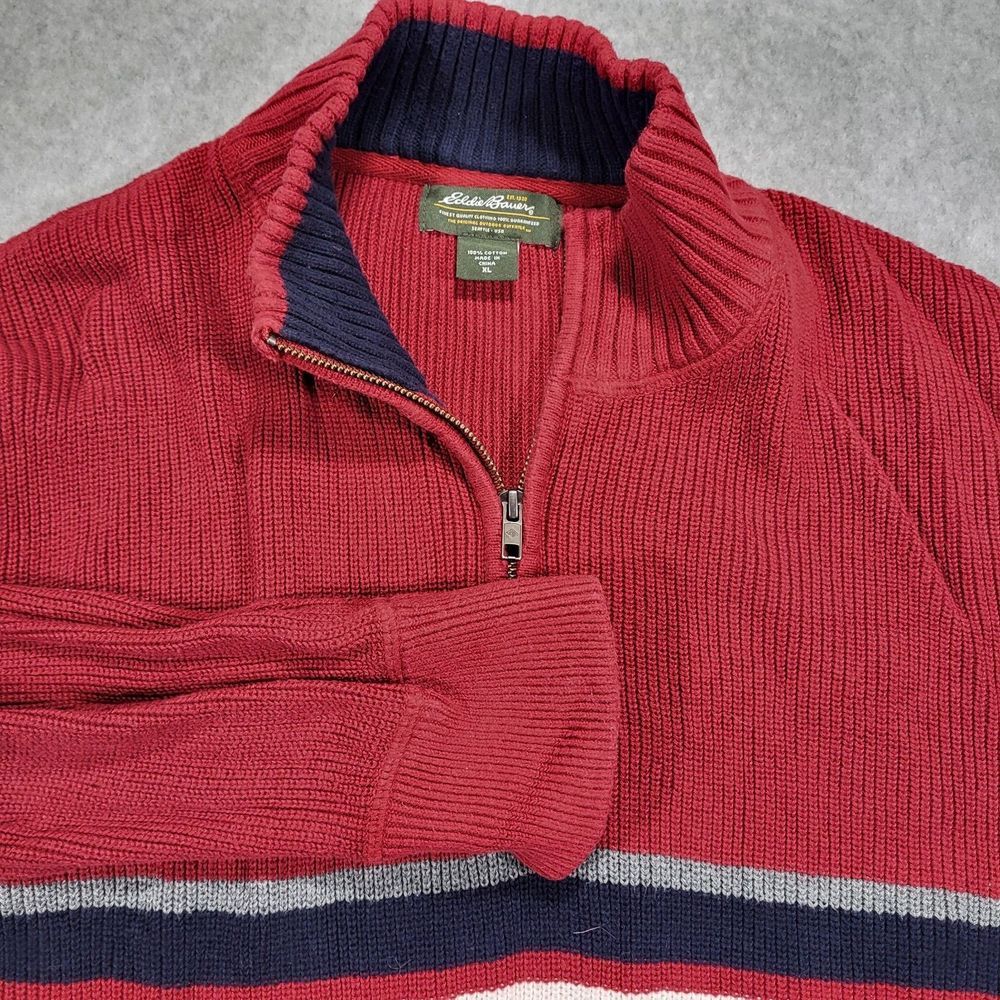 Eddie Bauer 1/4 Zip Red Knit Sweater Mens XL Blue White Stripe